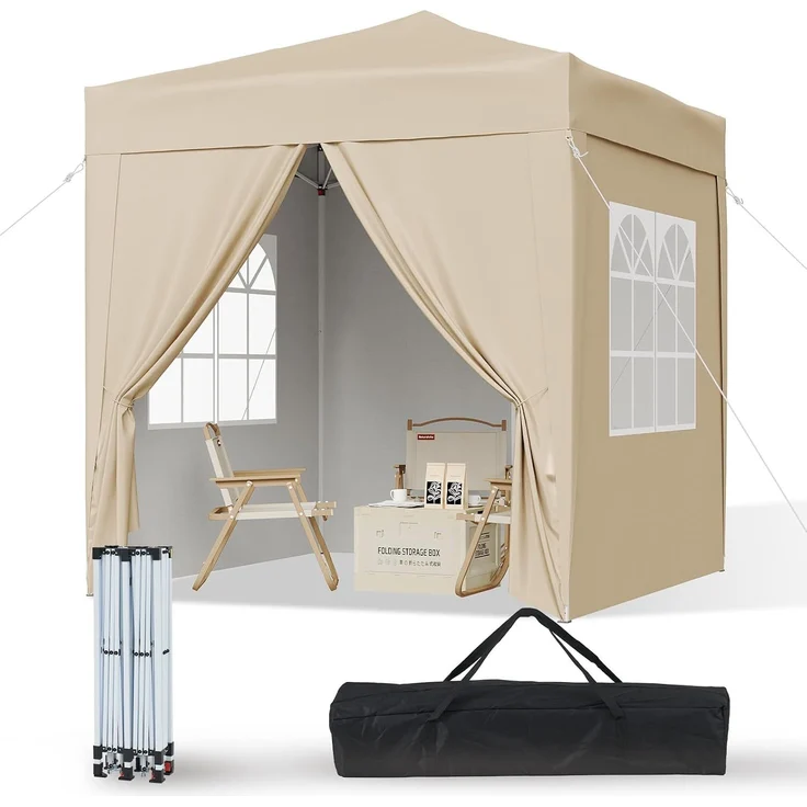 Aoxun Pop Up Pavillon 2x2m Wasserdicht mit 4 Seitenwänden, Metallrahmen-Schutzzelt, Höhe Verstellbar, Faltpavillon 2x2 mit Tragetasche für Camping Party, Beige – Bild 1