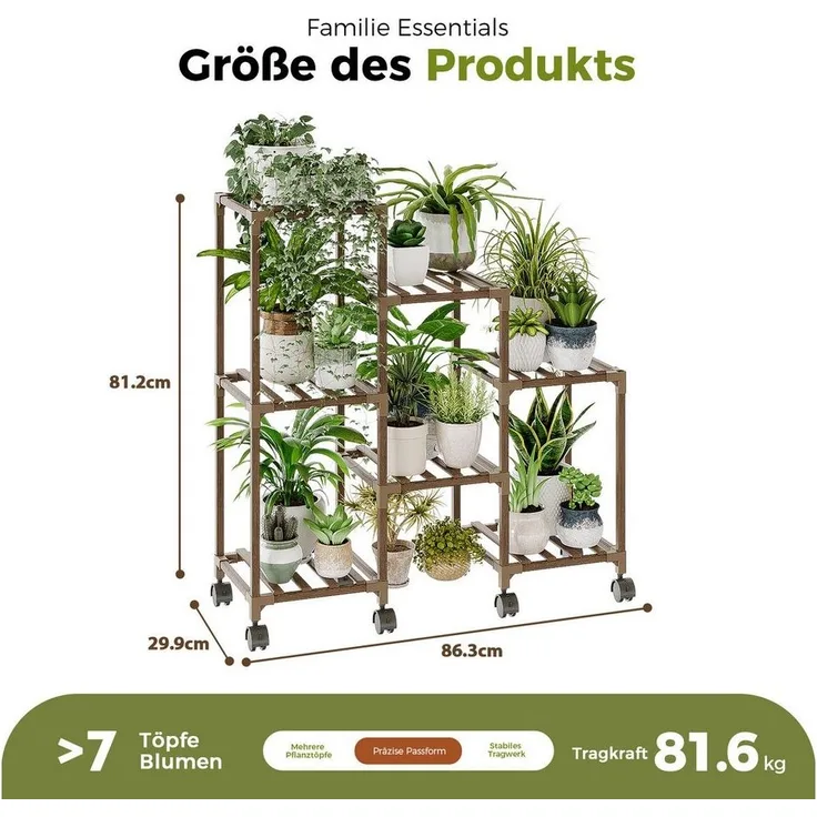 Bamworld Blumenständer Pflanzenständer Pflanzenregal für Innen und Außen mit 7 Ebenen (1 St, mit Rädern), für Terrasse, Balkon, Garten – Geschenke für Gartenliebhaber