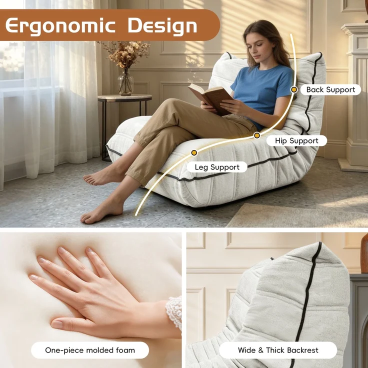 Niedlicher Raupen-Sitzsack, Sitzsacksofa, Bodensofa, Bodenstuhl mit Rückenlehne für Wohnzimmer und Schlafzimmer – Weiß – 70 x 96 x 64,5 cm – YOUDENOVA – Bild 4