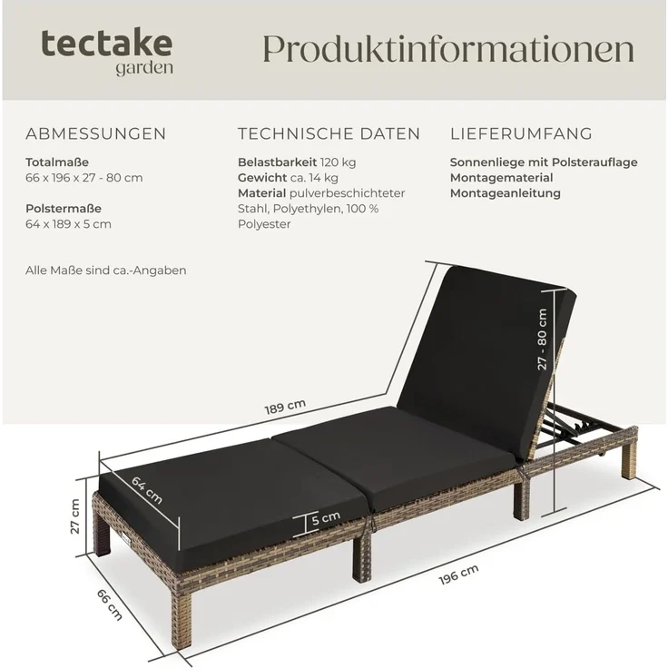 tectake® Polyrattan Sonnenliege mit 6-Fach höhenverstellbarer Rückenlehne, Outdoor Daybed mit bequemer Polsterauflage, Gartenliege Rattan für drinnen und draußen, pflegeleicht und stabil - Natur – Bild 3