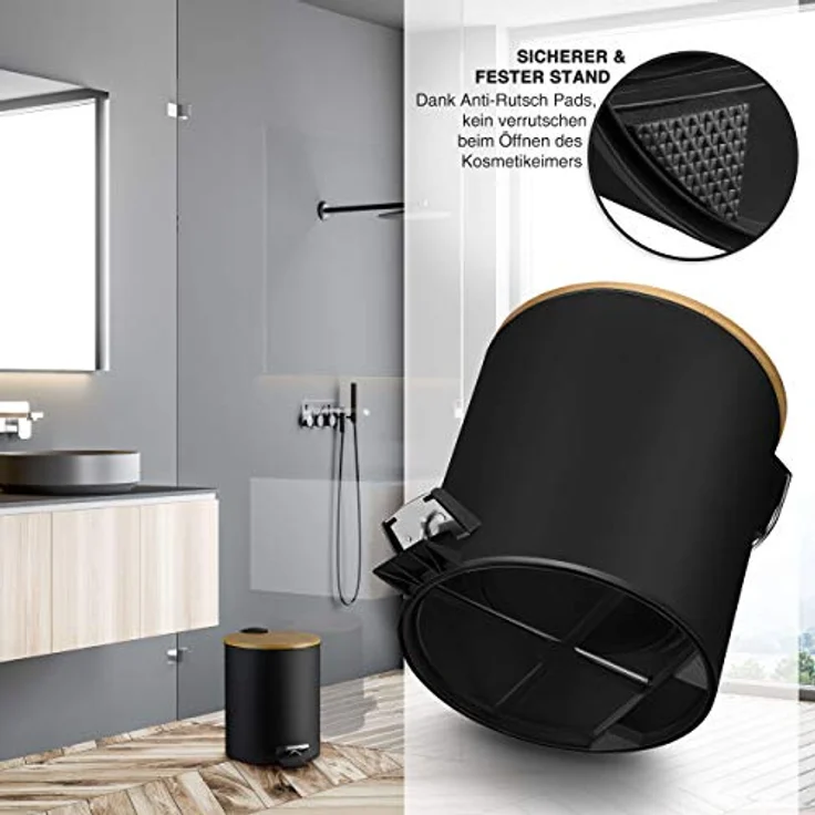 VMbathrooms 5L Kosmetikeimer in edlem schwarzem Design | Tretmülleimer mit Absenkautomatik (Soft Close) | Eleganter Eimer fürs Bad mit Innenbehälter und Bambus-Holzdeckel – Bild 7