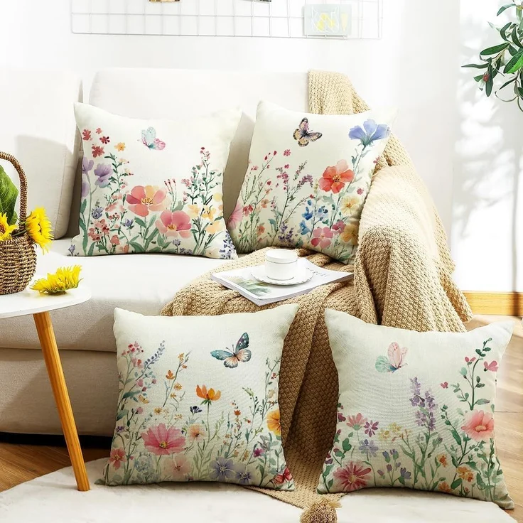Kissenbezüge 45×45 cm 4er-Set Blumen & Schmetterling, Frühling/Sommer Farmhouse Sofa – Bild 6