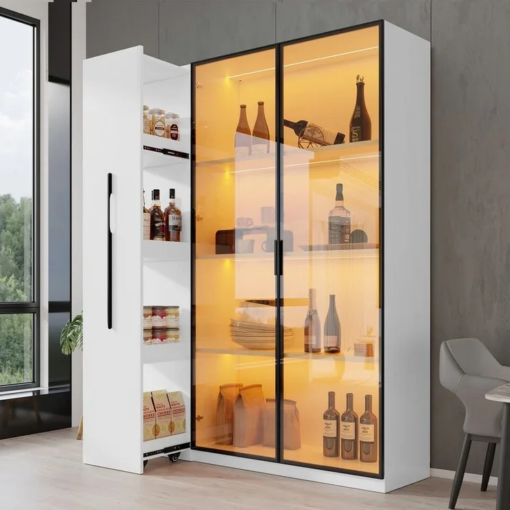 Merax Glasvitrine (2-in-1-Design Multifunktionsschrank Vitrinenschrank, 1-St, 110.5x35x160cm) LED-Vitrine mit Glastür & seitlichem Rollregal,Hochschrank Bücherregal