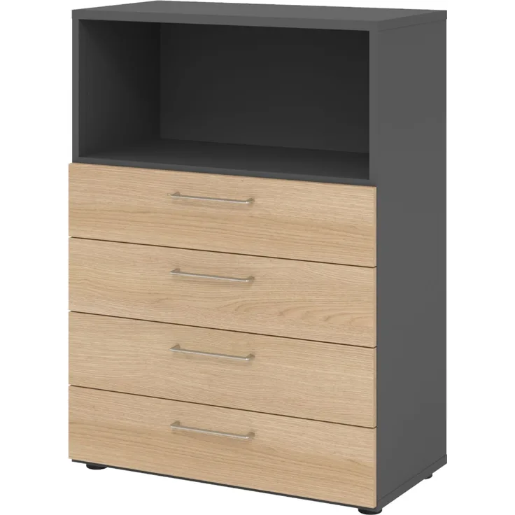 bümö smart Schubladenschrank, Büroschrank 80cm breit in Graphit/Eiche mit 4 Schüben & 1 Regalfach - Bürocontainer aus Holz, Container mit Metallgriffen & Soft-Stop Schubladen, 938S4-G-E-BS