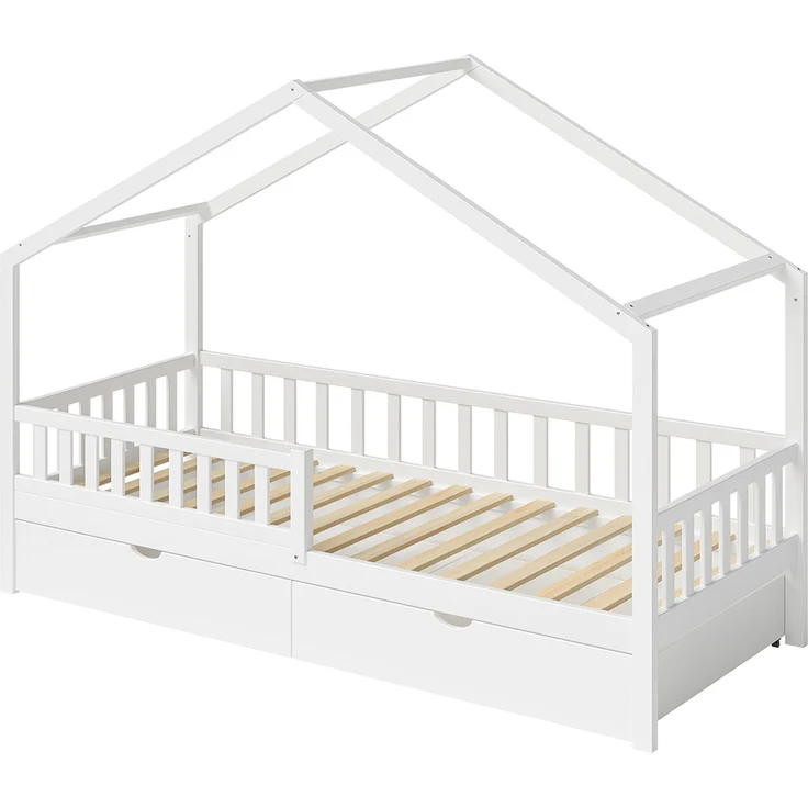Bellabino 'Vils' Hausbett 90x200 cm mit Matratze und großer Schublade, weiß, Kiefer Massivholz, Montessori Kinderbett mit Stauraum, inkl. Rausfallschutz und Lattenrost – Bild 10