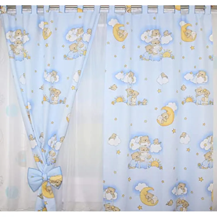 Kinderzimmer Vorhänge Gardinen 2er Set - Bärchen auf Leitern Blau - mit Schlaufen für Baby Kinder