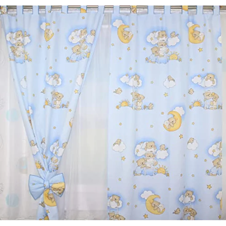 Kinderzimmer Vorhänge Gardinen 2er Set - Bärchen auf Leitern Blau - mit Schlaufen für Baby Kinder – Bild 1