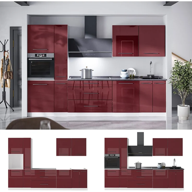 Küchenzeile Fame-Line Bordeaux Hochglanz/Weiß 310 cm, AP Eiche Vicco – Bild 3