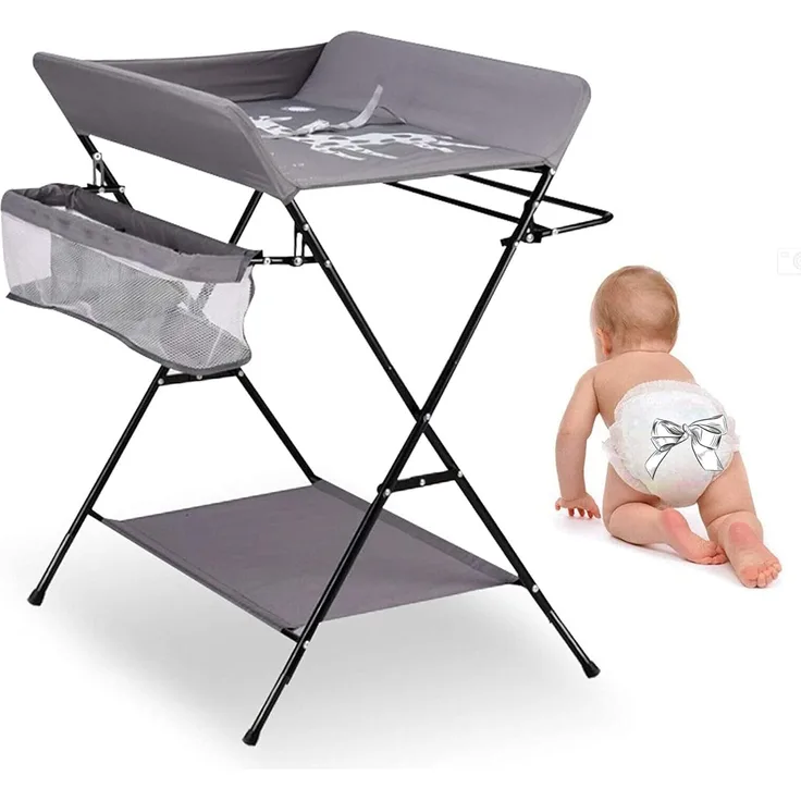 Wickelkommode, faltbar, für Babys, beweglicher Wickeltisch mit Sicherheitsgurt und Aufbewahrungsfächern, Wickelkommode, ergonomisches Design (grau)