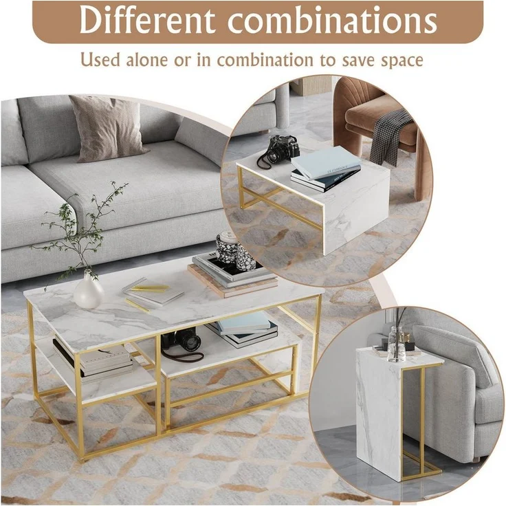 FUROKOY Couchtisch Beistelltisch Sofatisch wohnzimmertisch kaffeetisch 2er set (Quadratische,Set 2 in 1), Modern design Couchtisch mit goldenen beinen,Marmoroptik,Gold + Weiß – Bild 2