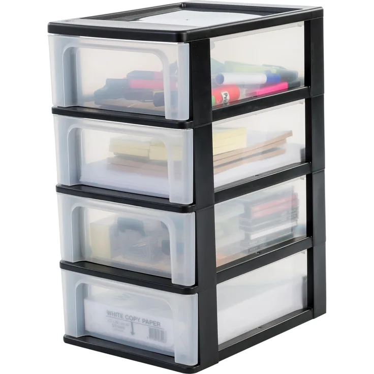 Iris Ohyama, Kunststoff Schubladenbox mit 4 flachen Schubladen, Schwarz, Easy-Pull-System, A4, A5 & A6 Format, Schreibtisch Organizer für Büro, Schreibwaren, BPA-frei, Schubladenschrank, OCH-2004