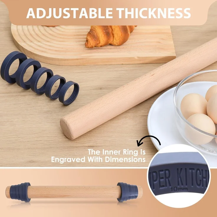 Nudelholz Buchenholz Teigroller Einstellbar Dicke Ringe Backzubehör Rolling Pin – Bild 4