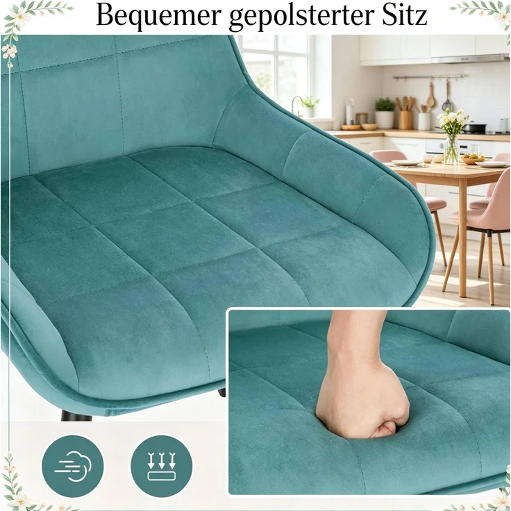 Essstuhl-Set 4er 81,5 cm in Turkis mit Samtbezug und Metallgestell – Bild 7