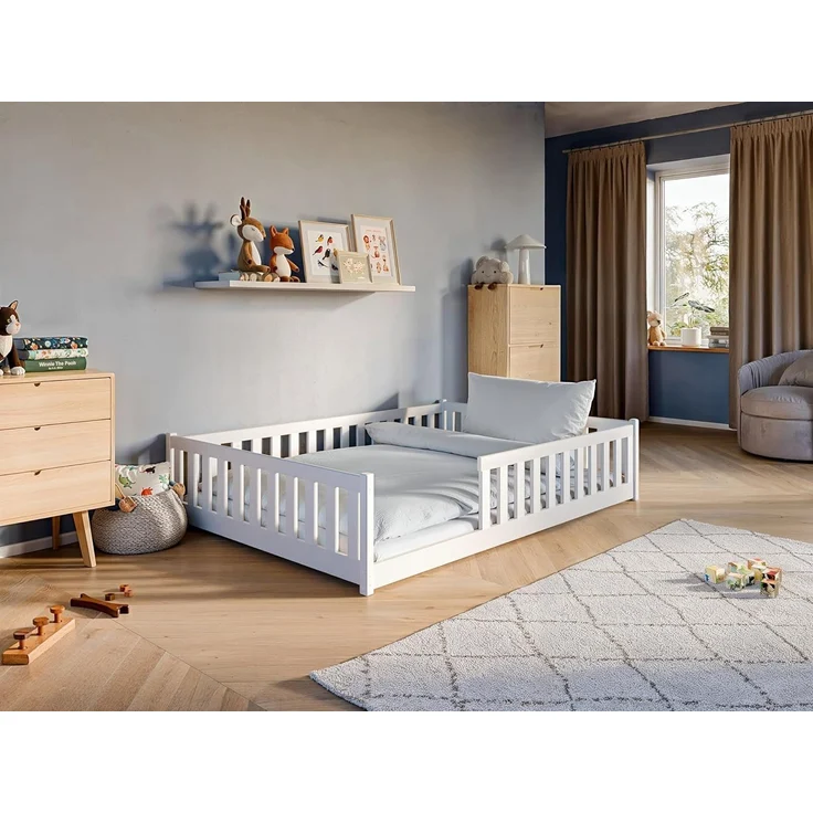 Kids Collective Montessori Bodenbett mit Rausfallschutz & Lattenrost, Massivholz weiß, 140x200 cm – Bild 4