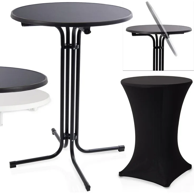 Onbest Stehtisch mit Tischhusse Ø 80 cm klappbar, 2,5 cm Holzplatte, 60 kg Tragkraft, Hitzebständig, Schwarz