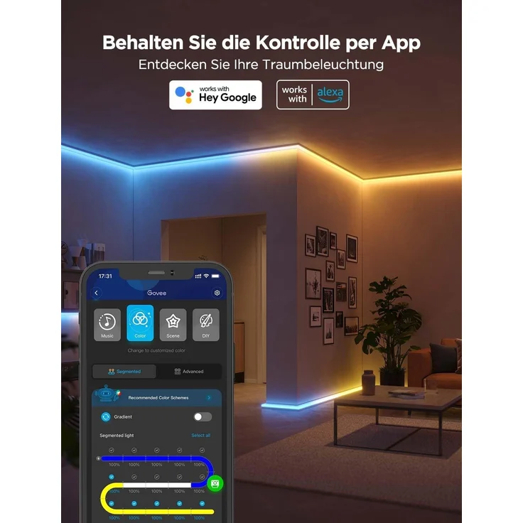 Govee RGBIC LED Strip mit Profil, 3M Smart LED Streifen Kompatibel mit Alexa & Google Assistant, 64 Szenenmodi, APP-Steuerung, Schiene mit Leisten für Schlafzimmer, Sockelleisten, Kabinett, – Bild 6