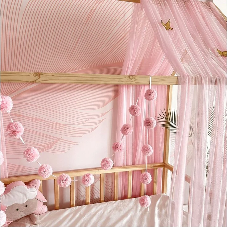 Baby Fancyroom Betthimmel Betthimmel Tüll Hausbett Kinderbett 2 Stück 340cm 380cm Montessori (3-tlg. Set mit 2 Stück Betthimmel und einer 20er Pomponkette, Baldachin, Kinder Betthimmel, Moskitonetz Baldachin Himmel Deko Set), Betthimmel für Hausbett Mo... – Bild 3