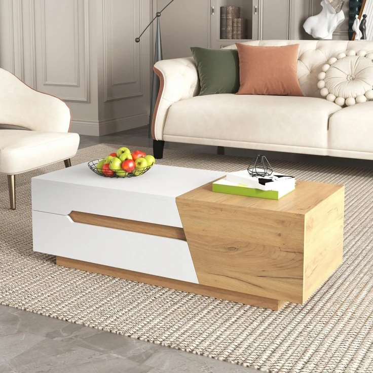 BBWL Couchtisch Modern ausziehbarer Couchtisch mit Schubladen in Weiß und Holzoptik (120x50x37.5 cm großer Wohnzimmertisch mit innovativem Schiebedesign und praktischem Stauraum für Bücher und Deko als stylisches 2er Set MDF Tisch für moderne Einrichtu... – Bild 4