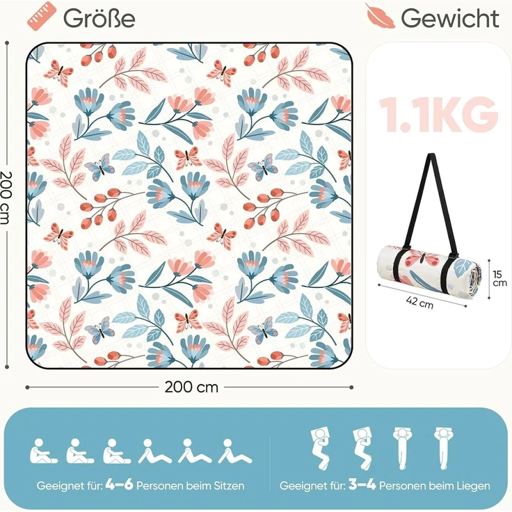 Sekey Picknickdecke Wasserdicht 200x200 cm Stranddecke Sandfrei geeignet für Picknick, Camping, Strand, Beige - Blumen & Falter – Bild 3