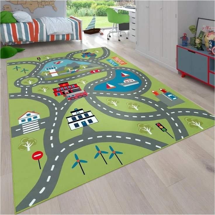 Paco Home Kinderteppich Bino 562, rechteckig, Höhe: 4 mm, Kurzflor, Straßen-Spiel-Teppich, Motiv Flughafen, Kinderzimmer – Bild 1