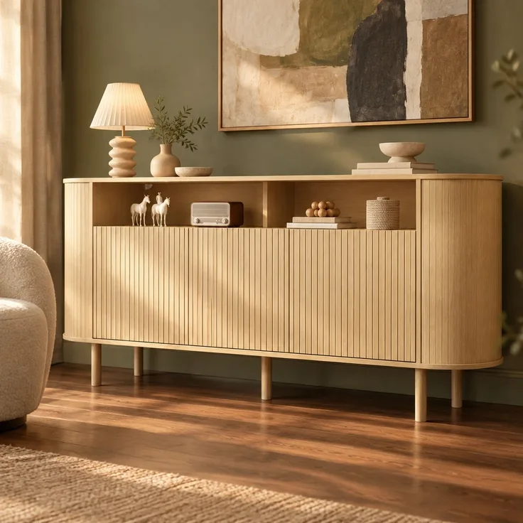 DESVIAE Sideboard Naturholz aus Spanplatte – 160x78,5x40 cm – 3 Wellentüren, offene Fächer