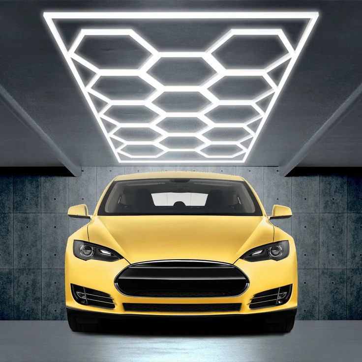 Barberpub Hexagon LED Garage Light, 68970LM 6500K Hexagon LED Beleuchtung für Werkstatt, Friseursalon, 14 Grid, LP005/nicht dimmbar, PVC-Rahmen – Bild 2