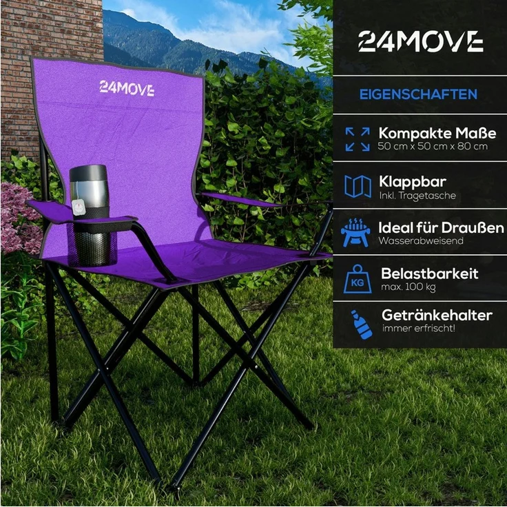 24Move Campingstuhl 24MOVE® Campingstuhl faltbar,Anglerstuhl,Liegestuhl mit Getränkehalter (bis max. 100 kg), mit Tragetasche, lila, Klappstuhl, bis 100kg belastbar – Bild 3