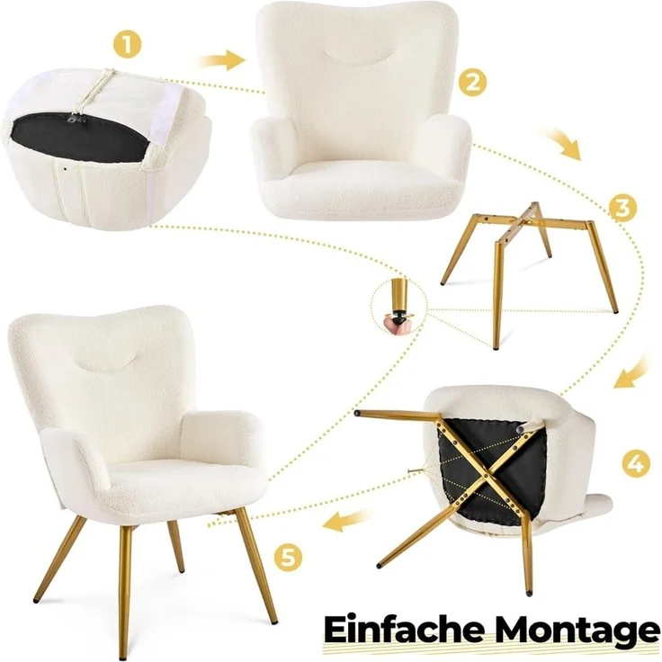 Yaheetech Sessel Ohrensessel mit Hocker aus Boucle-Gewebe, Relaxsessel mit Fußstütze, Loungesessel mit Klappbarer Rückenlehne, Fernsehsessel für Wohnzimmer/Schlafzimmer Elfenbein – Bild 8