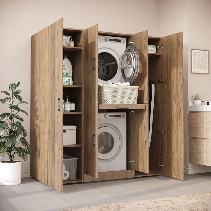 Roomart Waschmaschinenschrank - DORA-I- 160 cm breit - Wasch- & Trocknerschrank mit 2 Hochschränken, Türen & Ausziehbrett, Waschmaschinen-Überbau für Waschküche & Hauswirtschaftsraum • Eiche – Bild 3