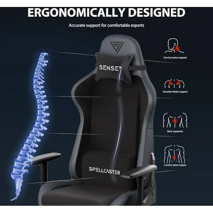 SENSE7 Spellcaster FUKU Gaming Stuhl - Alcantara - Ultimativer Komfort, 160° Neigung, Verstellbare Armlehnen, Atmungsaktiver HR-Schaum - Für Büro oder Gaming, Elegantes Design – Bild 5
