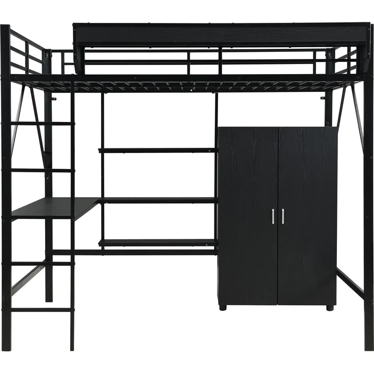 Merax Hochbett, 140x200cm Kinderbett, Doppelstöckiger Stauraum unter dem Schreibtisch, Oberes Bett mit Stauraum, Mit Kleiderschrank, Schwarz – Bild 9