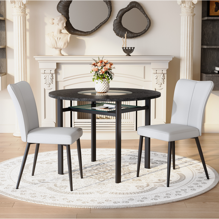 Esstisch-Set mit Glasintarsie & Ablage, Ø 100x76 cm, Schwarz/Hellgrau – Bild 2