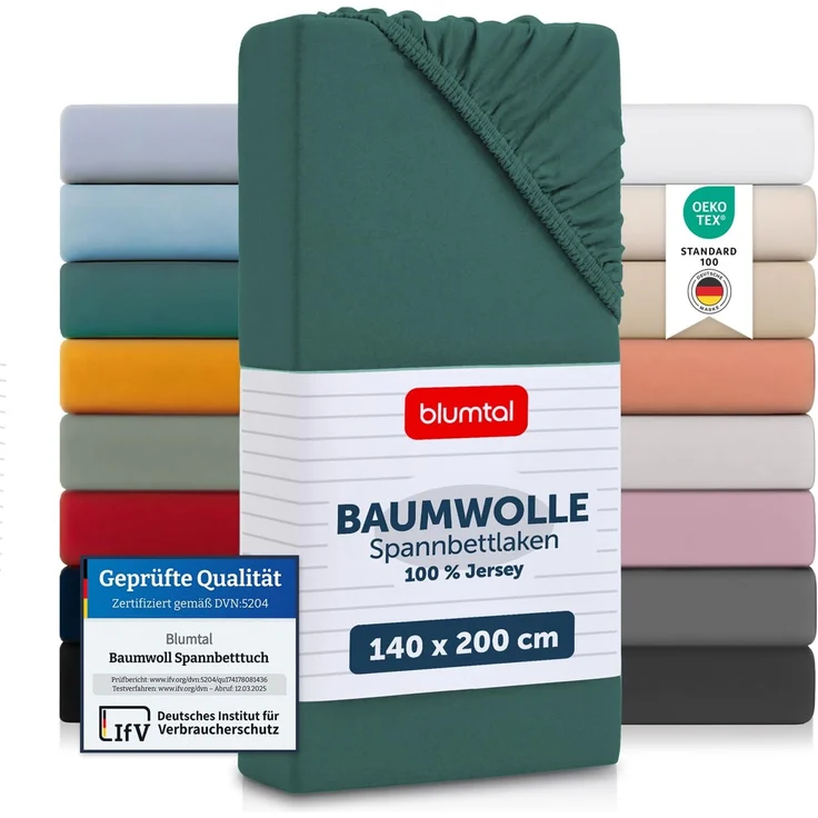 Blumtal® Baumwolle Spannbettlaken Basics Jersey - Oeko-TEX zertifiziertes Spannbetttuch - Matratzenbezug - Bettbezug - Leintuch - Silver Pine 140x200 cm