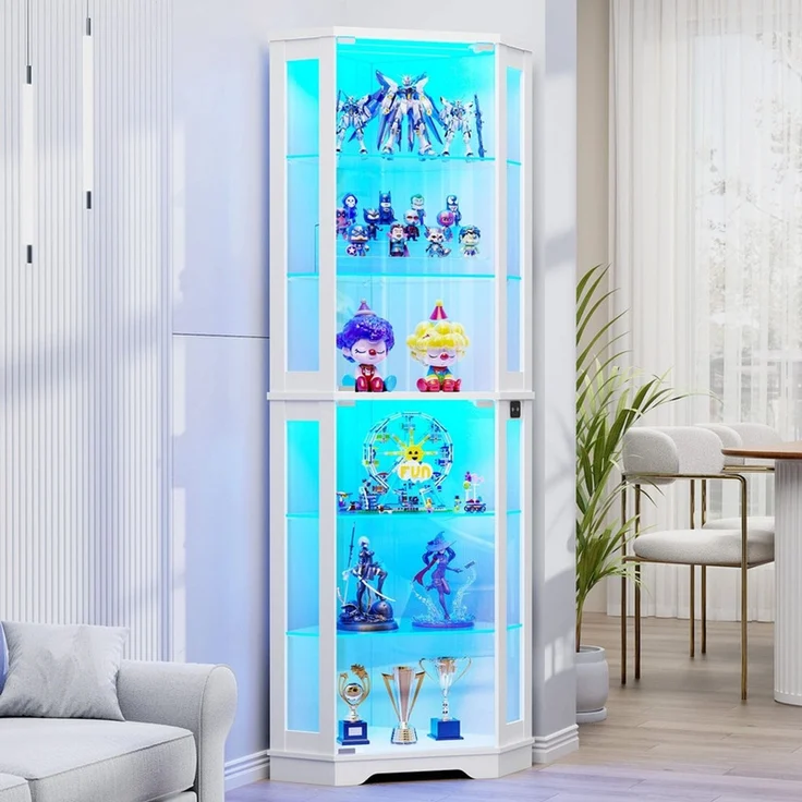 Eckvitrine 65x45x180 cm, 6-stöckige Glasvitrine mit LED-Beleuchtung, Glastüren und Bewegungssensor, Weiß – Bild 3