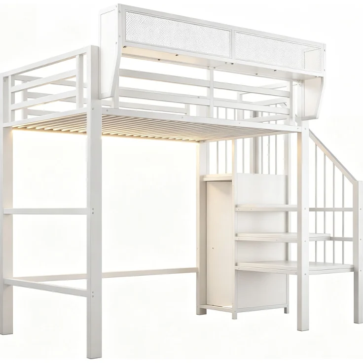 ZUBALIYA Hochbett 90 × 200 cm, Metall, LED-Beleuchtung, Leiter, Weiß – Bild 13