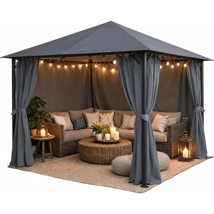 QUICK STAR Metall Garten Pavillon Nizza 3x3m, Antik Partyzelt Grau RAL 7012 mit 4 Seitenteilen und wasserabweisendem Dach