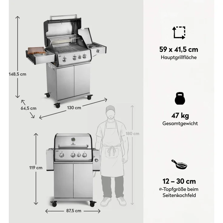 BURNHARD® 'FRED Deluxe' Gasgrill, 3-Brenner, Infrarot-Keramikbrenner, Heckbrenner, Seitenkochfeld, 59 × 41,5 cm Grillfläche – Bild 3