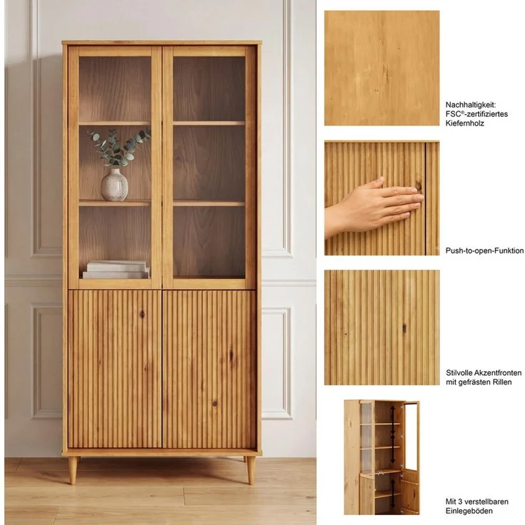 OTTO home Vitrine Malmedy Front mit gefrästen Rillen aus massivem Kiefernholz, Push-to-open, FSC, Breite 80 cm, Höhe 180 cm – Bild 3