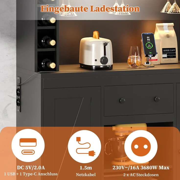 Merax 180cm Küchenschrank, Hochschrank, Weinschrank mit verstellbaren Einlegeböden, Schublade, Edelstahl-Weinglashalter, Weinflaschenfächern, farbwechselnder LED-Beleuchtung und Steckdosen, Schwarz – Bild 7