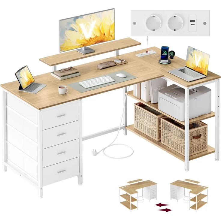 VASAGLE L-förmiger Eckschreibtisch mit Steckdosen, Computertisch, Gaming-Tisch, beidseitig montierbar, verstellbare Ablagen, 4 Schubladen, 2 USB-Anschlüsse, 140x80 cm, natureichenfarben LWD172YD01