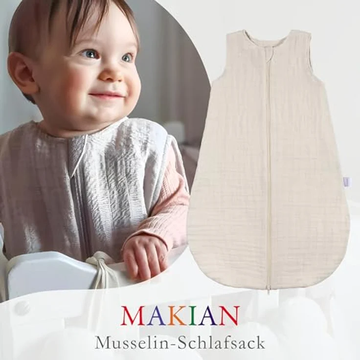Makian Musselin-Schlafsack, atmungsaktiver Babyschlafsack mit TOG 1.0, beige, Gr. 100 cm – Bild 8