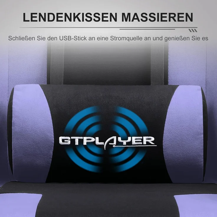 GTPLAYER Gaming Stuhl Stoff, Bürostuhl Massage Gaming Sessel Ergonomischer Gamer Stuhl mit Fußstütze, Kopfstütze Massage-Lendenkissen, Gepolstert Gaming Chair, Drehsessel, lila – Bild 6