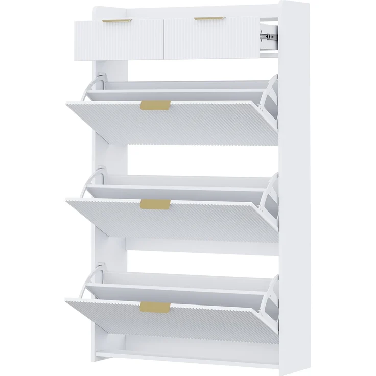ZUBALIYA Schuhschrank (80 x 25 x 135 cm), 3 Klappfächer und 2 Schubladen, Aus Spanplatte, Stauraum für Flur und Eingangsbereich, Weiß – Bild 17