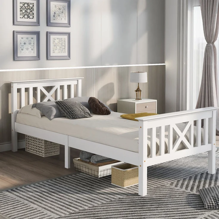 Holzbett, Einzelbett mit Lattenrost, Kopfteil und Fußteil, 90x200 cm, Jugendbett, Kinderbett, Kiefer – Bild 1