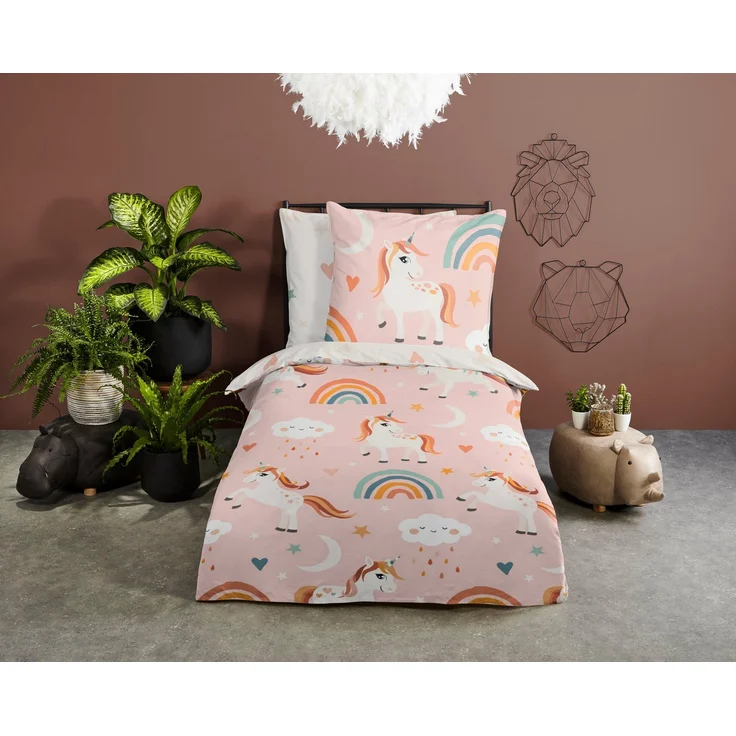 PURE luxury collection Kinderbettwäsche Aina, Microfaser, 2 teilig, 135x200, Pflegeleicht, Reißverschluss, Wendeoptik, Kind, Einhorn, Rosa – Bild 1