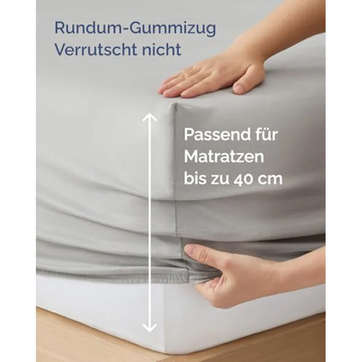 Spannbettlaken Jersey 180x200 - Baumwolle Boxspringbett 40cm - Hellgrau | Spannbetttuch, Rundumgummi, Dehnbar, Weich, Atmungsaktiv, Knitterfrei, Pflegeleicht, Baumwoll-Jersey, Bis 40cm, OEKO-TEX – Bild 5