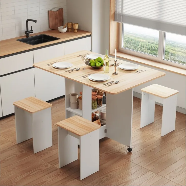 Mondeer Essgruppe Esstisch mit 4 Hockern, Platzsparend, 3-in-1-Funktion, Rollbar & Stabil 120x80 cm