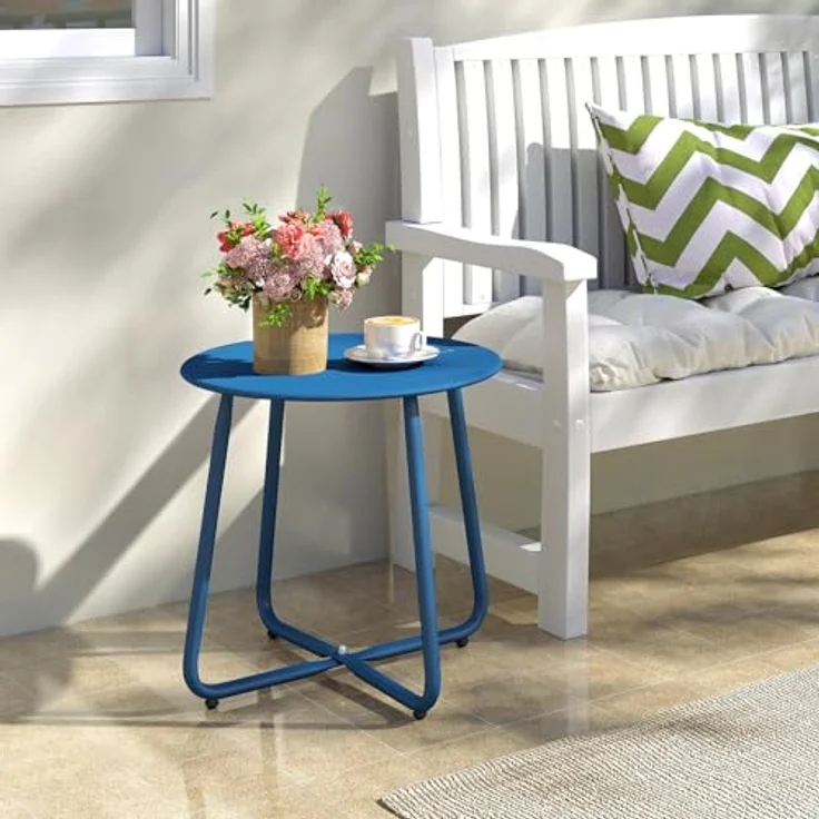 HollyHOME Beistelltisch Outdoor Balkontisch Klein Gartentisch Rund Beistelltisch Metall Wetterfest Loungetisch Outdoor Couchtisch für Patio Terrasse Wohnzimmer, Navy Blau – Bild 2
