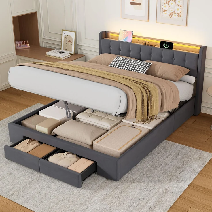 Polsterbett 160 x 200 cm, Samt, mit Bettkasten, Schubladen, USB-Anschluss und LED-Beleuchtung, Dunkelgrau – Bild 1