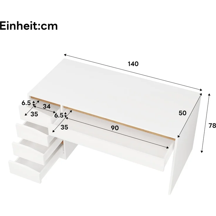 Schreibtisch aus Spanplatte mit 5 Schubladen, 140x50x78 cm, Weiß/Eichefarben – Bild 4